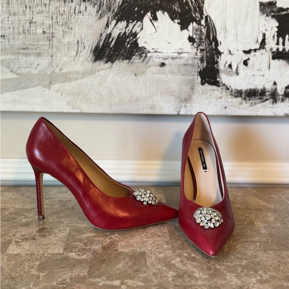 Zara Basic Genuine Leather Red Jeweled Pointed Toe Pumps – Size 39 (US 8/8.5)
